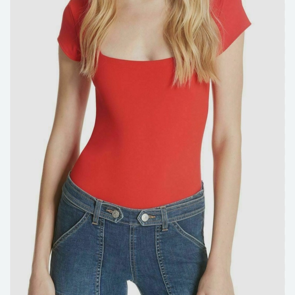 Free People Red Short Sleeve Bodysuit